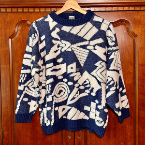 Vintage Malcolm’s Department Store Blue White Abstract Knit Sweater M